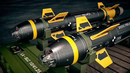 3D render of an air-to-air missile on an aviation cart