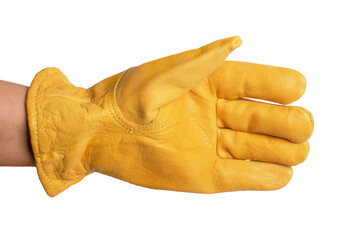 Yellow leather rough glove on the hand of a worker isolatedon a white background. Construction protective overalls.