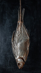 dried fish hanging from a rope against the background of a black shabby wall. vertical artistic moody photo