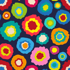 Bright colorful multicolored round ink blots isolated on dark blue background. Cute cartoon floral seamless pattern. Vector simple flat graphic hand drawn illustration. Texture.