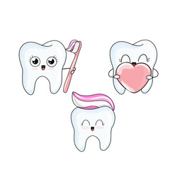 Cute cartoon tooth play with floos and toothpaste. Cute cartoon kawaii character. Oral dental hygiene.