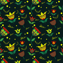 Bright floral background in vector illustration with Mexican motives. Botanical illustration for wrapping paper, textile, decoration