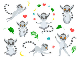 Set funny gray lemur - dance, meditation, levitation, jump, calm. The fluffy striped tail curves. Cute baby animal in cartoon style. Vector illustration, isolated color elements on a white background