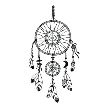 Dreamcatcher hand drawn illustration, black and white graphic. Native americans, apache, cherokee culture. Esoteric and mystical drawing. Design element for poster, card, print, textile