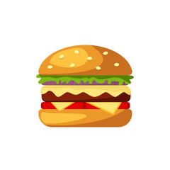 Burger icon with cheese, lettuce, sesame bun, isolated on white background. Hamburger, cheeseburger, fast street food concept. Vector illustration	