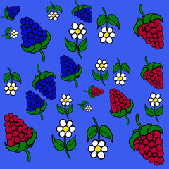 botany, blooming, blossoms, flowers, raspberries, blackberries, berries, field, and forest berries, butterflies, butterfly larva,
on the background of yellow,blue,green,raspberry,turquoise, illustrati