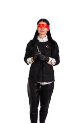 portrait of a blindfolded woman holding a syringe