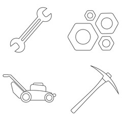 Set of work icons. Spanner, nut tools, lawn mower mashine, mining pickaxe