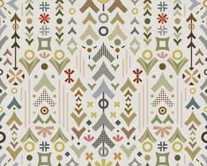This conceptual geometric surface pattern celebrates outdoors adventure, representing woodland, forest, mountains, arrows, trees, teepee, camping, hiking, vacation in various shapes and neutral hues.