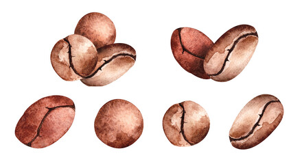 Watercolor set of coffee beans, isolated elements on a white background. Watercolor illustration for menus, cafes, food packaging, coffee production