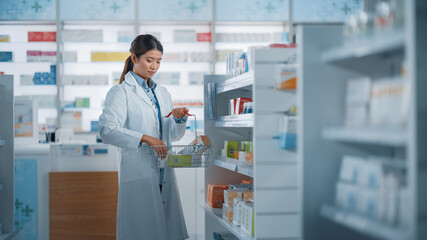 Obraz premium Pharmacy Drugstore: Beautiful Asian Pharmacist Does Inventory, Arranges Medicine Packages, Drugs, Vitamins, Health Care Products on a Shelf. Professional Pharmacist in Pharma Store