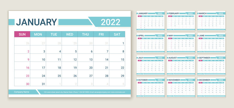 Calendar 2022 year. Planner template. Week starts Sunday. Vector. Calender layout. Table schedule grid. Yearly stationery organizer. Horizontal monthly diary with 12 month. Simple color illustration.