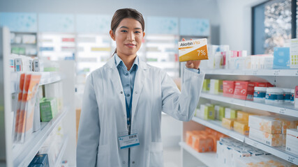 Pharmacy Drugstore: Portrait of Professional Asian Female Pharmacist Holding Box of Vitamins, Looking at Camera, Smiling. Store with Health Care Products, Specialist Recommending Best Product.