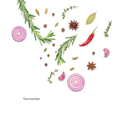 Various spices isolated on white background. Creative layout. Top view, flat lay.