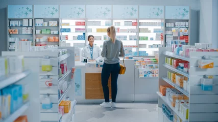 Fotobehang Pharmacy Drugstore: Beautiful Young Woman Buying Medicine, Drugs, Vitamins Stands next to Checkout Counter. Female Cashier in White Coat Serves Customer. Shelves with Health Care Products © Gorodenkoff