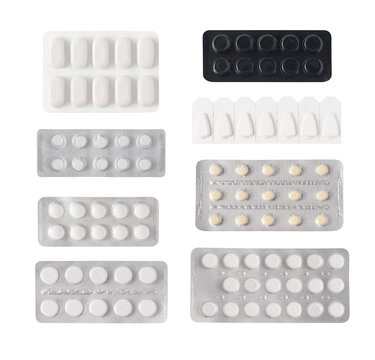 Set of medical tablets and pills in pharmaceutical blister pack