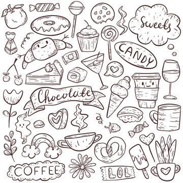 Set of vector doodle images. Cute funny icons on the theme of food and drink, sweets and yummy. Funny lined isolated pictures or stickers on a white background. Decoration ideas.