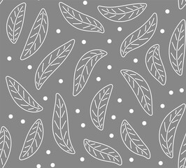 Seamless pattern with white leaves and circles on a grey background.