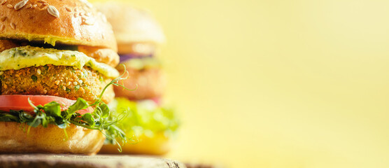 Vegan with a lump, gluten-free, with flax seeds. chickpea burgers with arugula, radish, avocado...