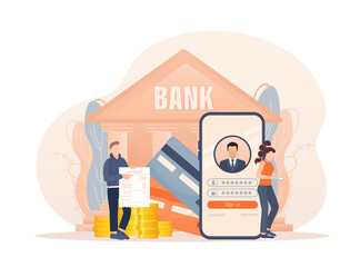 Line banking people for account page design. Isometric vector illustration. Bank online. Vector illustration.