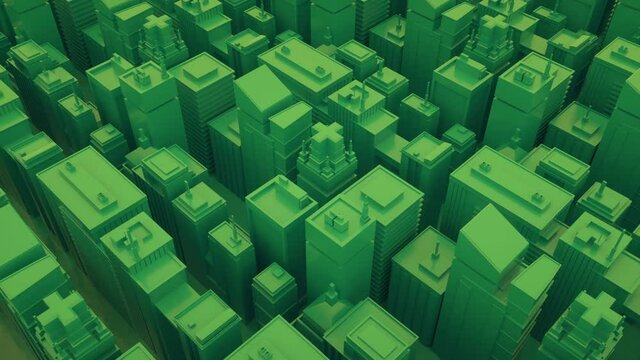Futuristic green city with skyscrapers. Camera moves through abstract isometric city. Seamless loop background, 4K