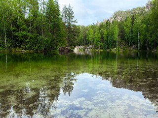 Fototapeta na wymiar The green forest is reflected in the water. Rock on the lake shore. Summer landscape
