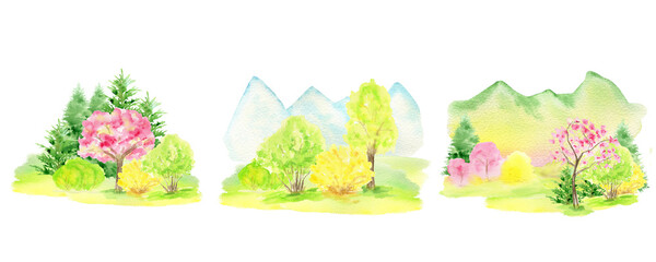 Watercolor Spring landscape, mountains, hills and sakura pink flowers trees set, Green nature forest landscape, scenery illustration isolated on white background