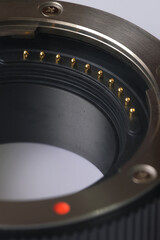 Rear camera lens with lens mount, electronic contacts. Professional photographic equipment. High...