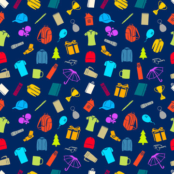 Seamless Pattern of promotional products. Different colored gifts: mug, shirt, notebook, giftbox, cap, keyring, trophy, pen, jacket, usb drive, tennis rocket, tree for advertising vector illustration