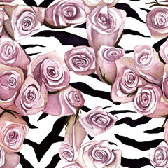Seamless pattern zebra+ zebra with roses watercolor