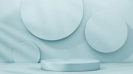 Minimal cylinder pedestal for product showcase. Stand product mockup. Blue pastel color. Horizontal frame. Background product stage. 3d render illustration