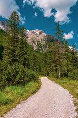 Fototapeta premium Hiking trail in the mountains of the Sexten Dolomites in Italy.
