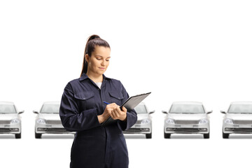 Young female mechanic in a car showroom writing a document on a clipboard