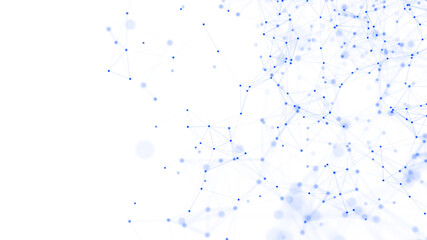 Abstract white background with moving dots and lines. Network connection structure. Futuristic illustration. Digital technology design. 3d rendering.