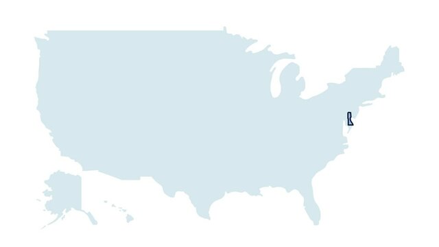US delaware state map animation. United states of America country - high detailed motion illustration map. 4k animated video with blinking red and blue highlighted state with alpha matte