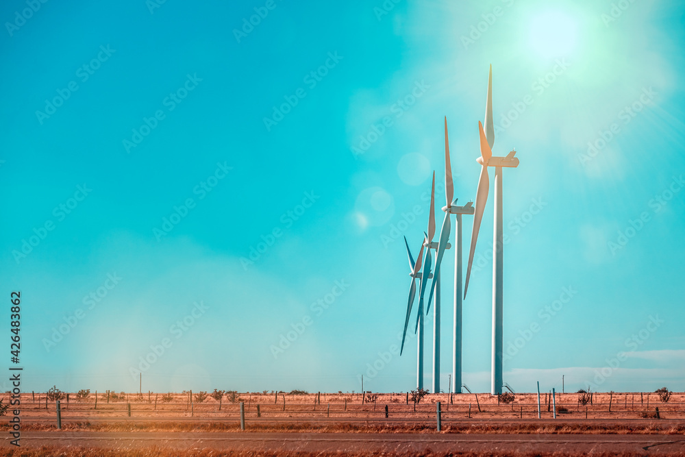 Wall mural wind farm in texas, windmills in a row, copy space