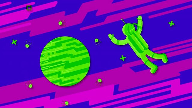 An astronaut flies through outer space by moving his legs and waving his arms along with rockets and satellites. Looped animation flat drawing with stylized background.