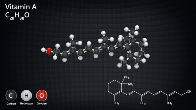 Vitamin A(Retinol). Found in food and used as a dietary supplement. 3D render. Seamless loop. Chemical structure model: Ball and Stick. 