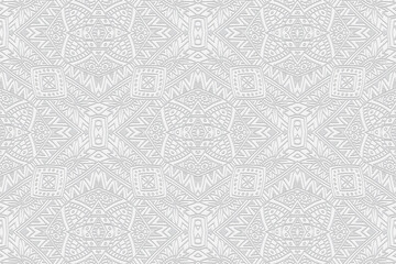Geometric volumetric convex white background. Ethnic African, Mexican, Indian motives. Handmade style. 3D embossed complex national pattern for design and decoration. 