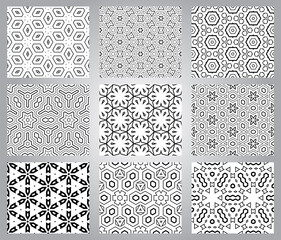 Set of abstract fantasy thin line hexagon, triangle geometric seamless patterns. Creative mosaic, tile background collection.