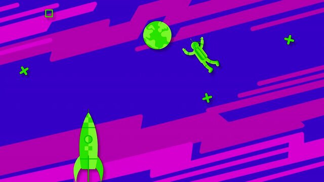 An astronaut flies through outer space by moving his legs and waving his arms along with rockets and satellites. Looped animation flat drawing with stylized background.