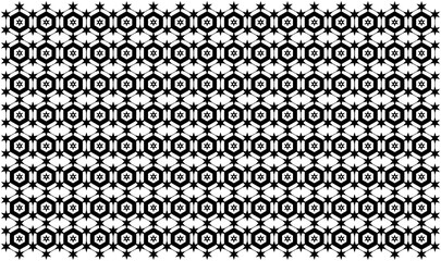 Patrón de hexágonos y estrellas en blanco y negro creando entramado sobre fondo blanco