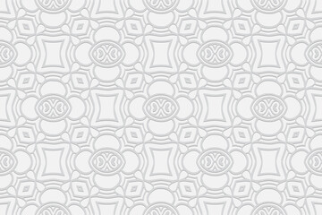 Geometric volumetric convex white background. Ethnic African, Mexican, Indian motives. Handmade style. 3D embossed figured pattern for presentations, wallpapers, websites, textiles, business cards.