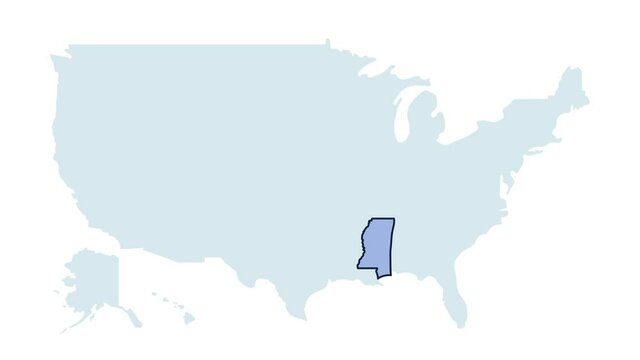 US mississippi state map animation. United states of America country - high detailed motion illustration map. 4k animated video with blinking red and blue highlighted state with alpha matte