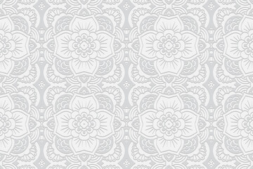 Geometric volumetric convex white background. Ethnic African, Mexican, Indian motives. Handmade style. 3D embossed large floral pattern for presentations, wallpapers, websites, textiles.