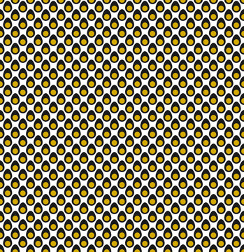 Patr&oacute;n de aguacates negros con corazones dorados ordenados en diagonal sobre fondo blanco