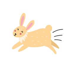Cute running rabbit. Funny hand drawn bunny in cartoon style. Forest character isolated element. Vector illustration