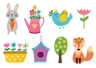 Cute spring elements collection. Springtime fox, rabbit, bird, flowers, blooming tree and more. Summer graphics set. Vector illustration