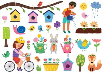 Spring set with cute rabbit, fox, birds, snail and kids. Hand drawn characters and springtime elements in cartoon style. Vector illustration 