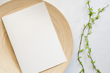 White sheet on marble texture background. Green willow leaves on branch, blank paper and plate. Mock up template design.